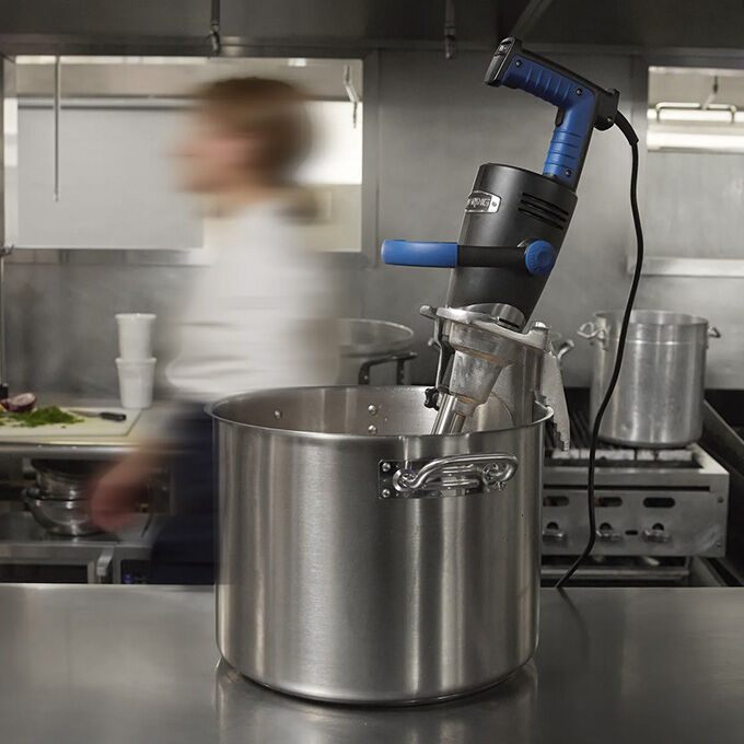  Immersion blender mixing ingredients in stock pot