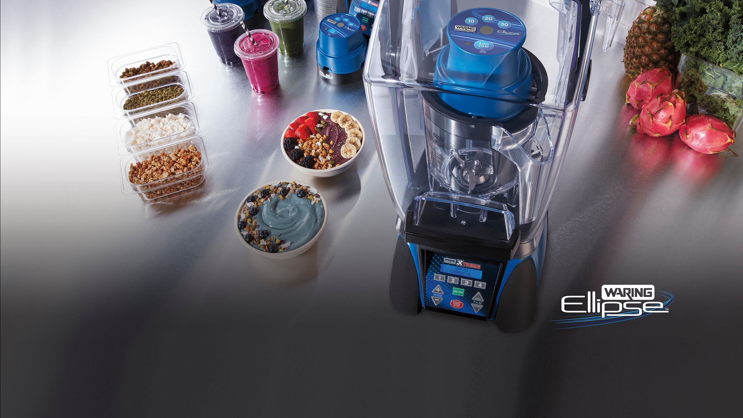 Ellipse blender with bowls of ingredients