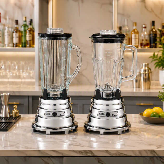 2 silver blenders sitting on a bar