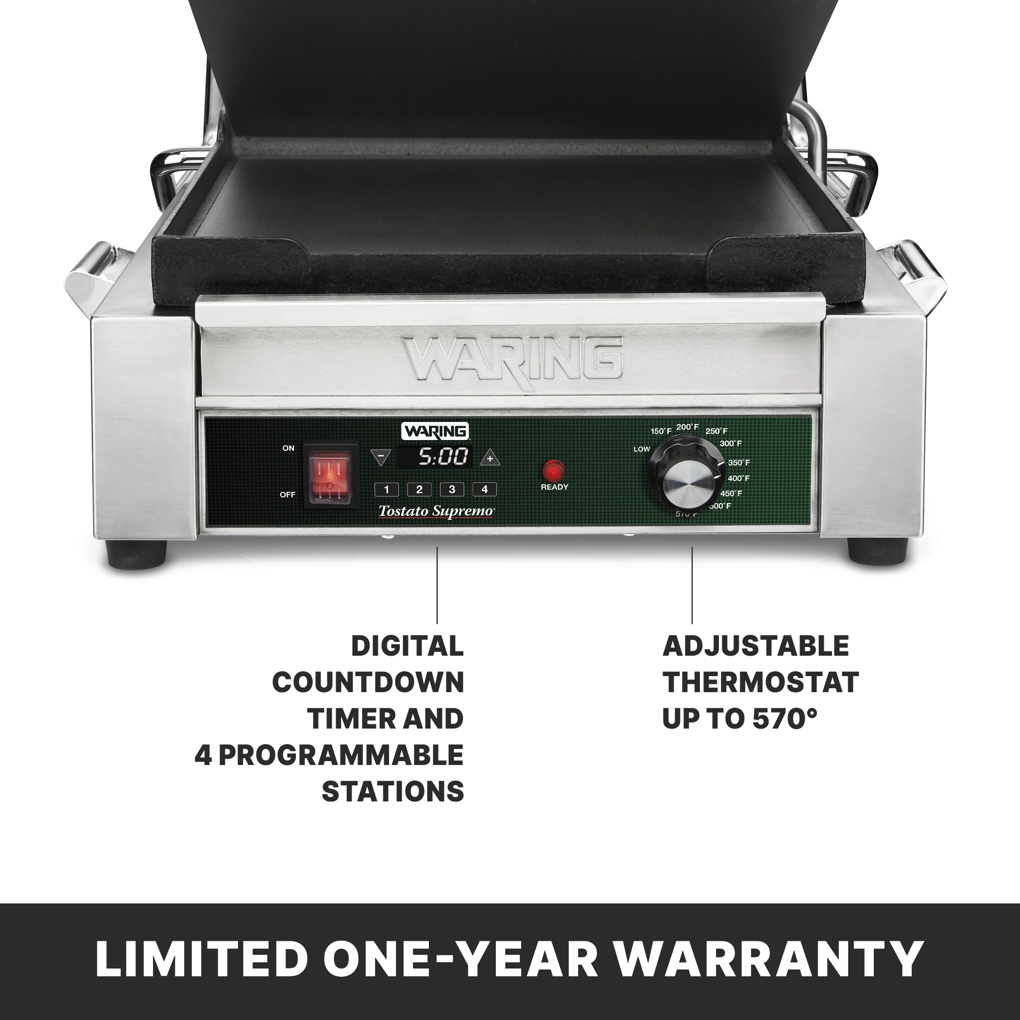 Flat Panini Grill with Programmable Timer, 14" x 14"