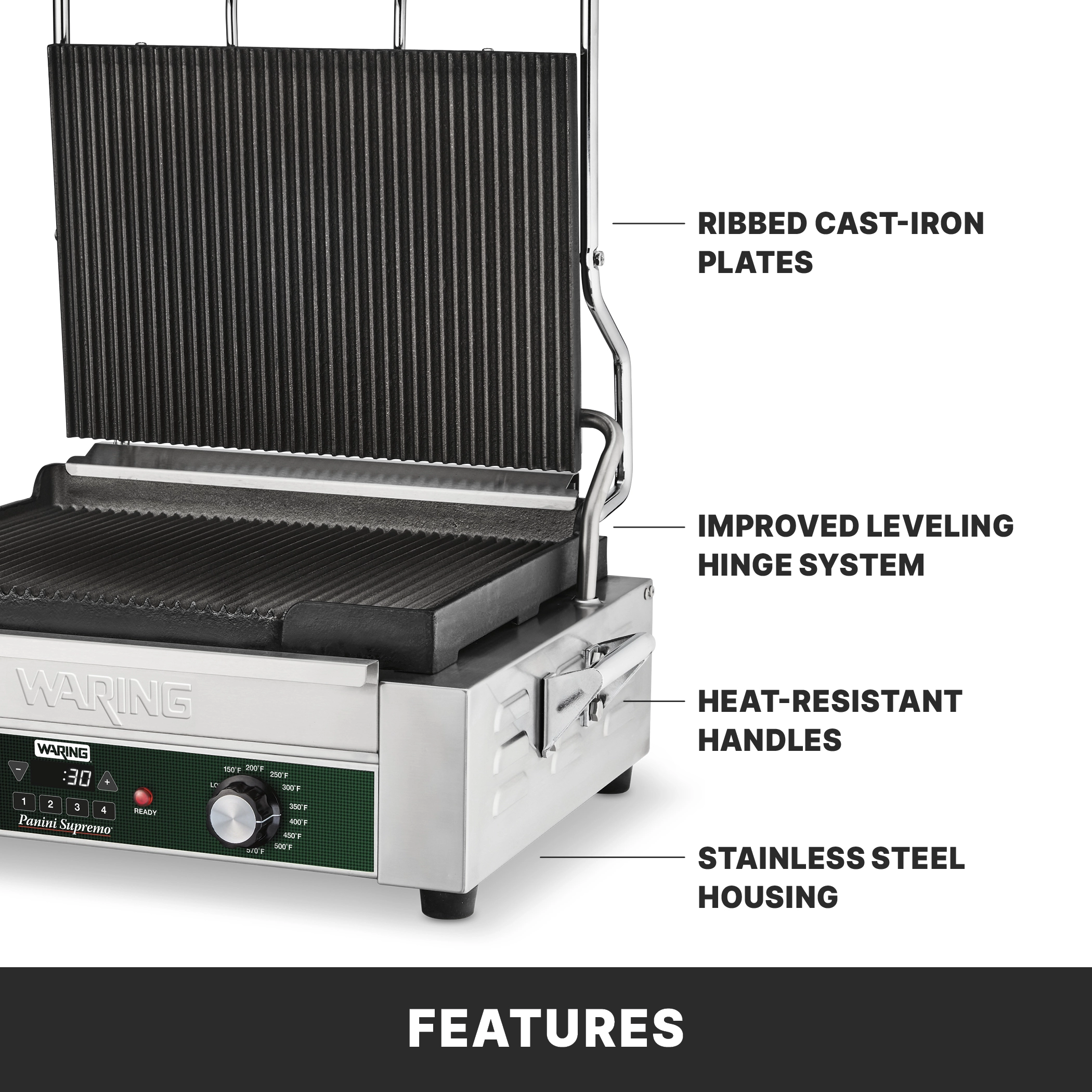 Ribbed Panini Grill with Programmable Timer, 14.5" x 11"