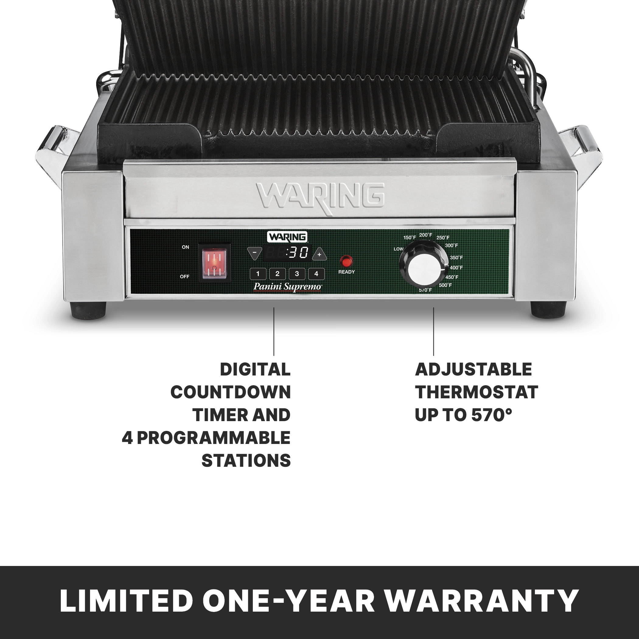 Ribbed Panini Grill with Programmable Timer, 14.5" x 11"