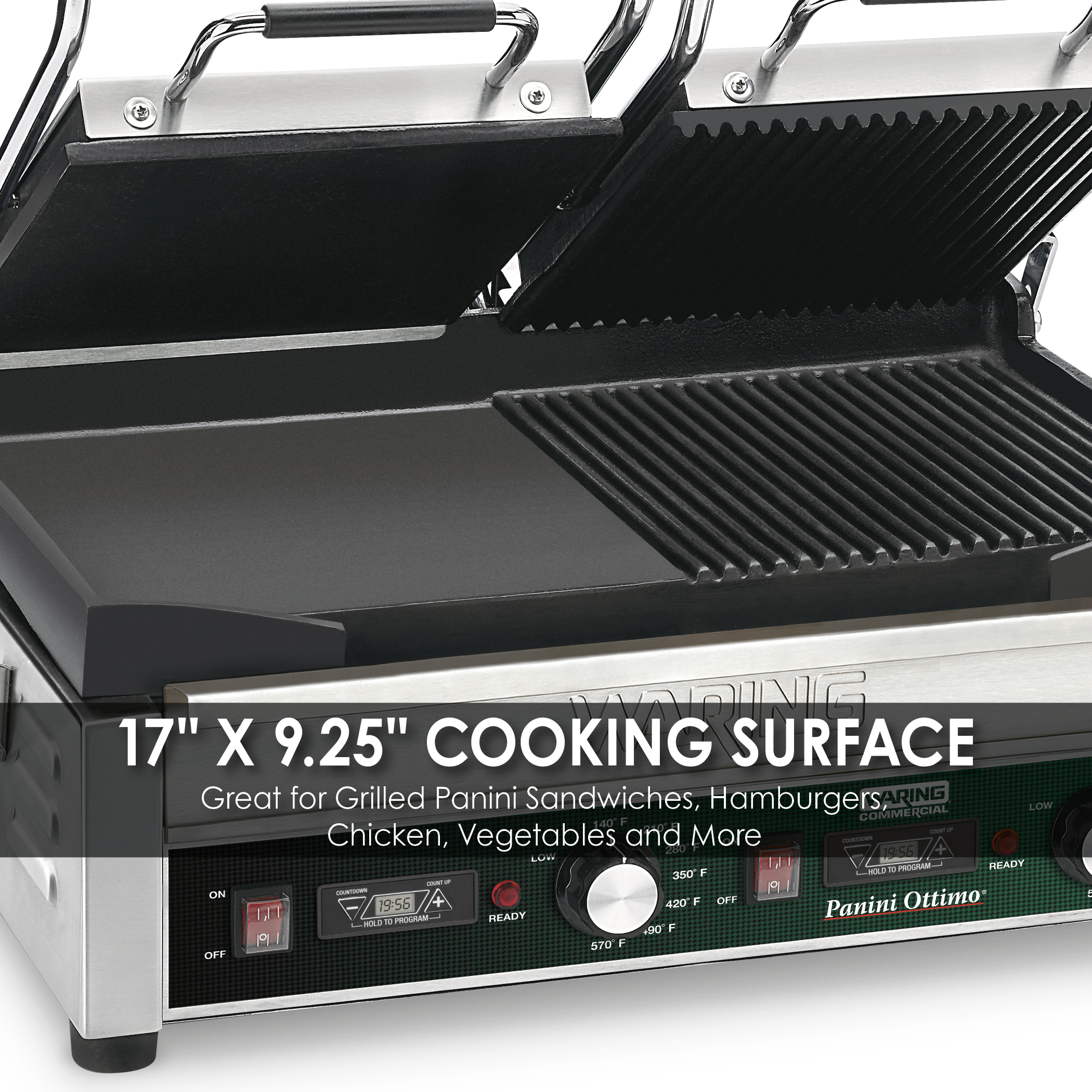 Double Flat Panini Grill with Timer, 17" x 9.5", 240 Volt